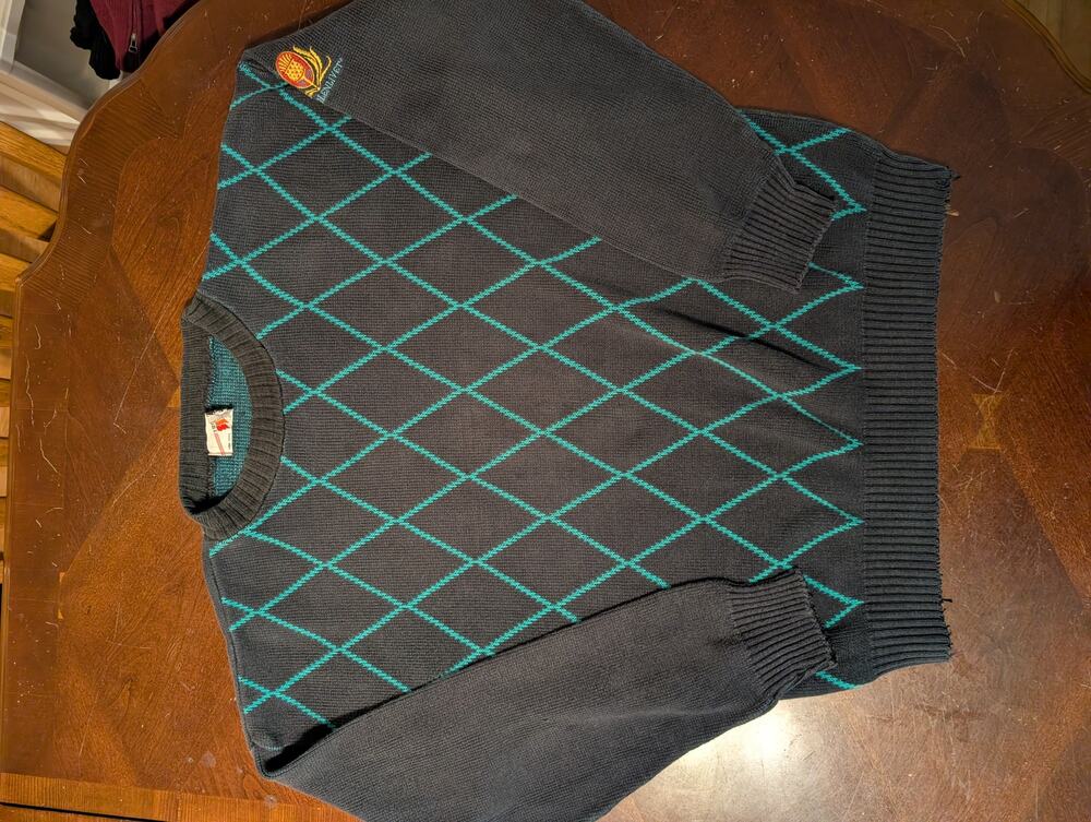 Vintage The Glenlivet Scotch Whiskey Argyle Knit Sweater 3 Strikes NY 90s teal